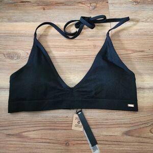 PINK Victoria's Secret Bikini Top Womens L Black Ribbed Halter NEW
